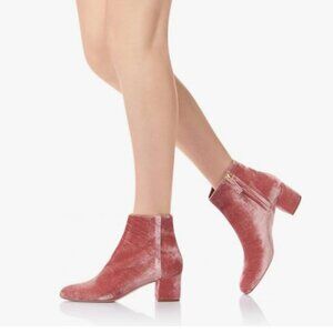 FSJ Pink Round Toe Velvet Ankle Boots Block Heel Side Zipper Office Shoes